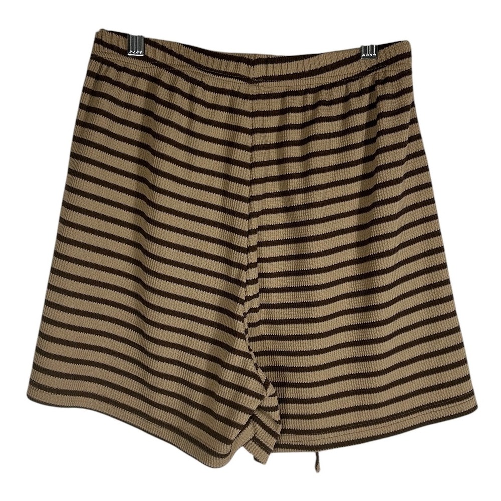 Womens Brown Tan Striped Waffle Knit Lounge Shorts Elastic Drawstring Small - Picture 3 of 6